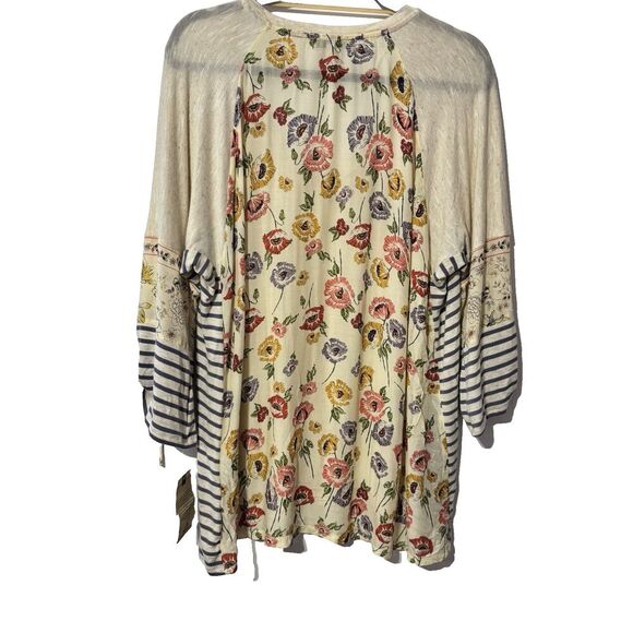 Democracy cream floral V-neck striped linen 3/4 sleeve size XLarge Roll Tab NEW - Picture 2 of 6